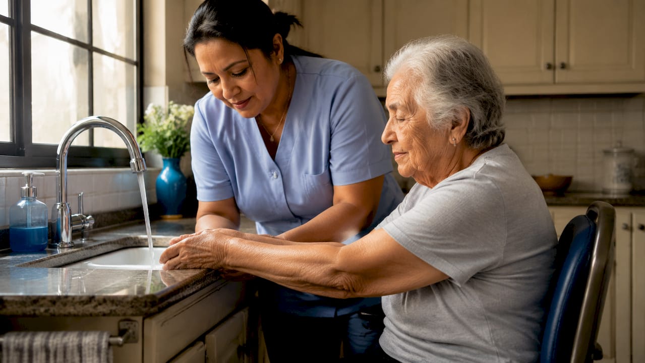 Caregiver assisting elderly woman with hand washing