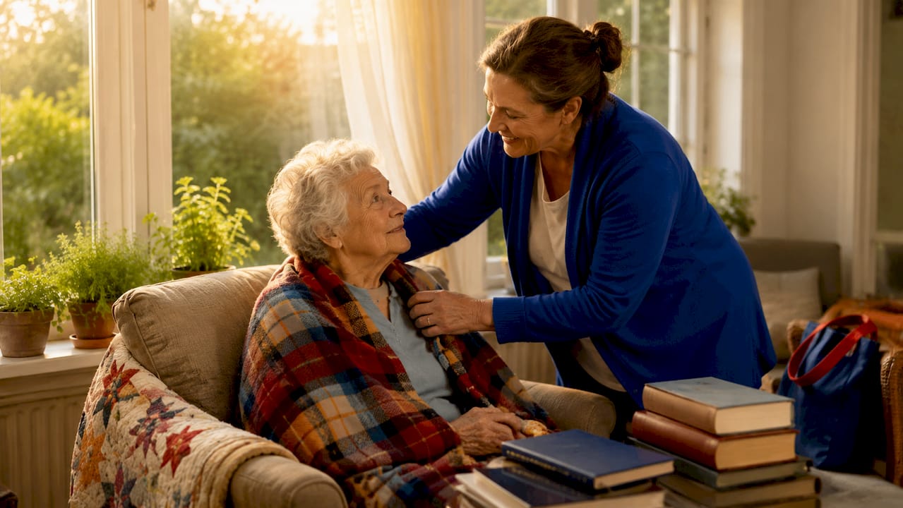 Elderly woman in familiar home with caregiver