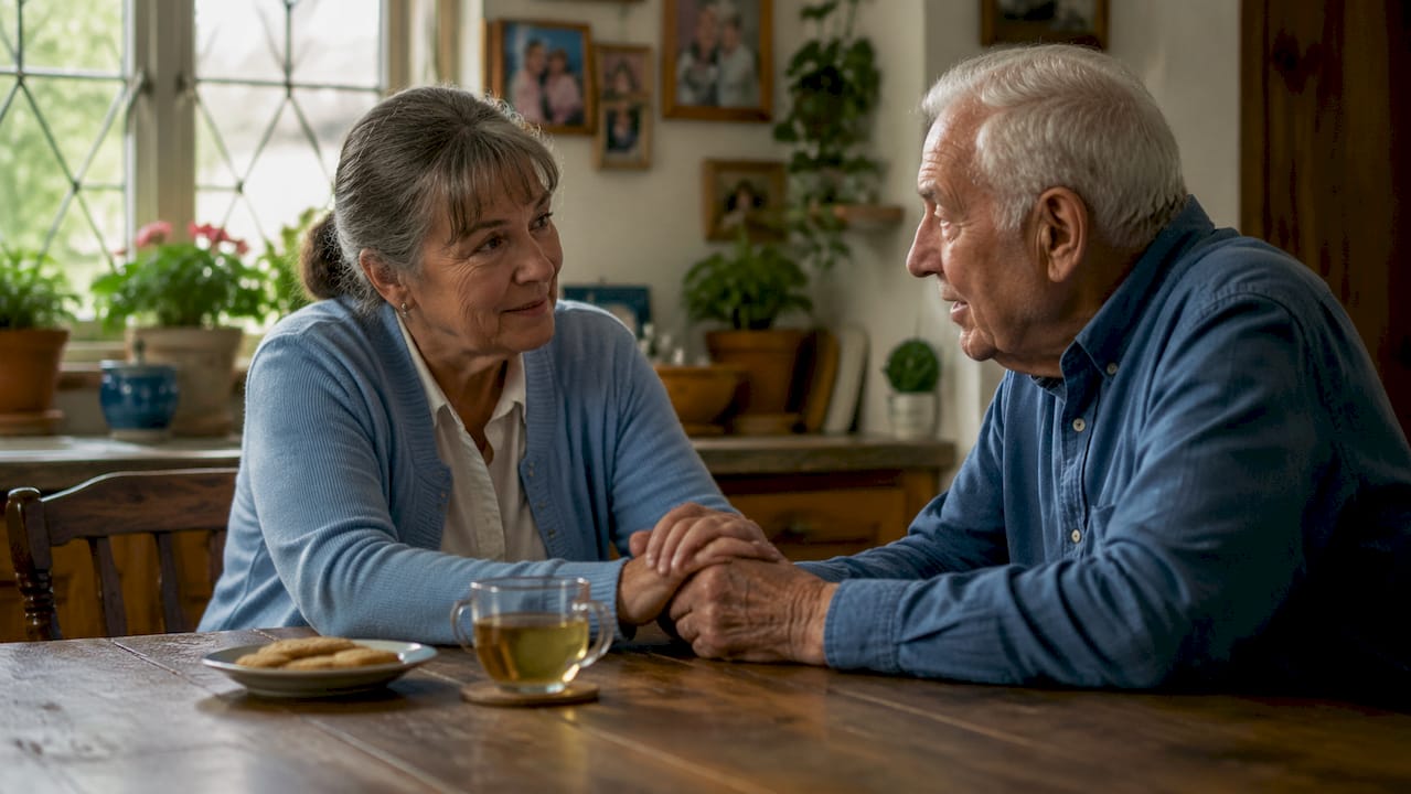 Caregiver holding elderly man's hands at home