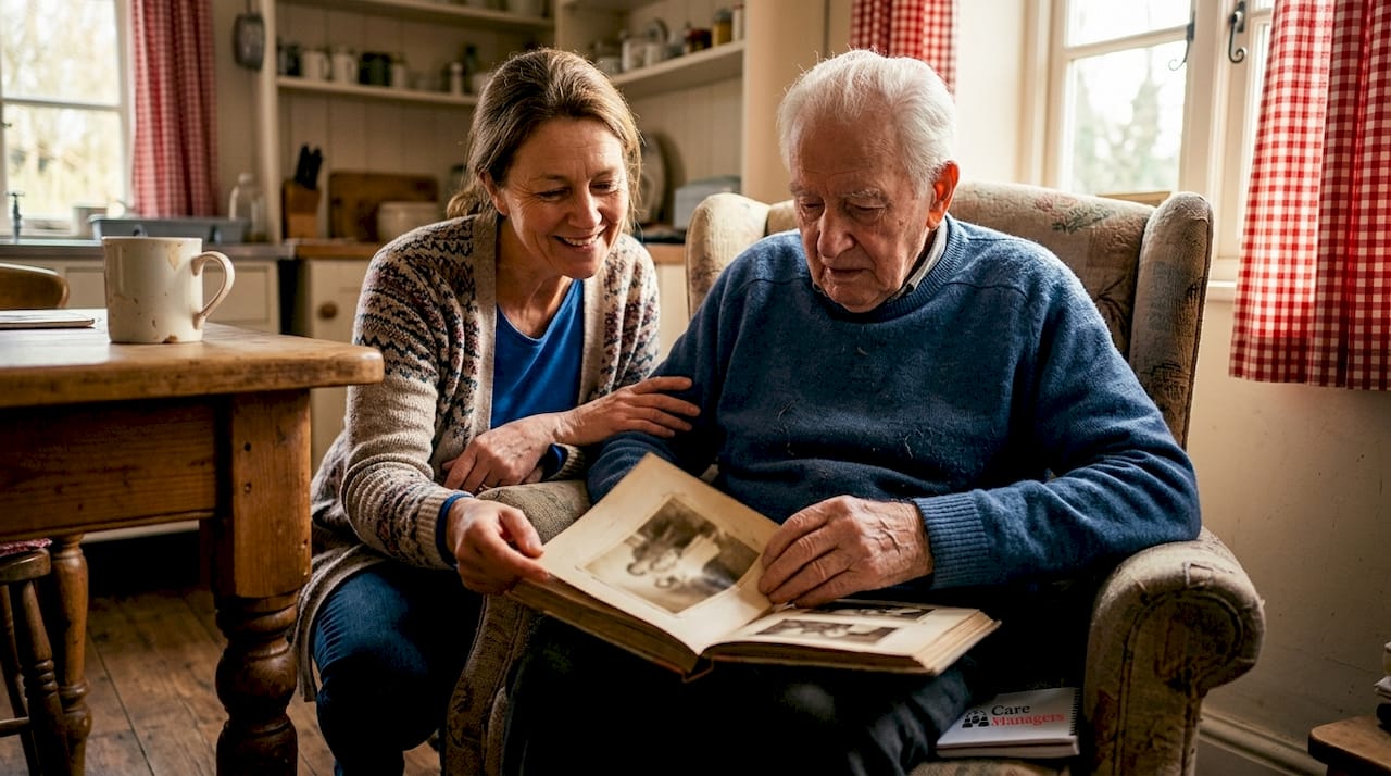 Family member supporting elderly person with dementia