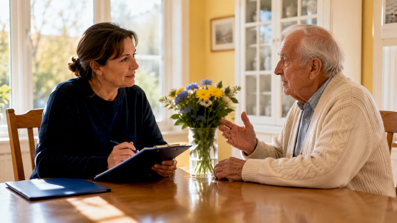Caregiver discussing care plan with elderly man