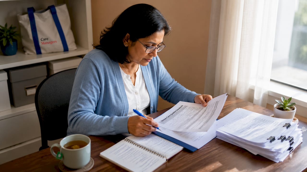 Woman reviewing home care quality documents at table