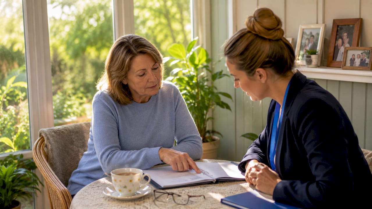 Family member discussing care review documents
