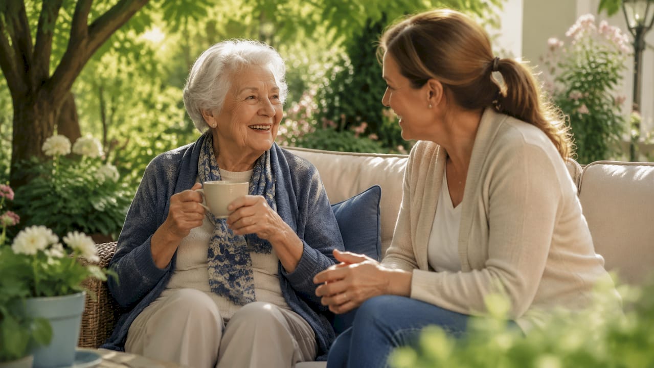 Elderly woman chatting with companion at home