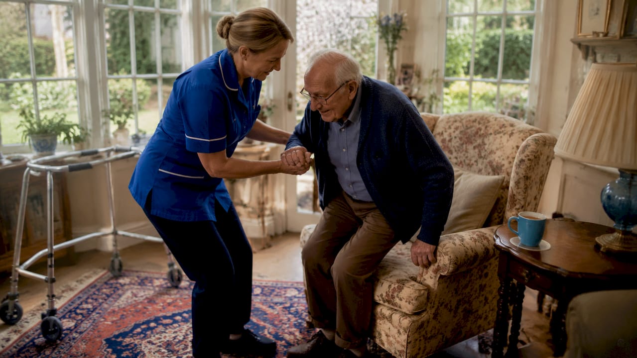Home care nurse helping senior in living room