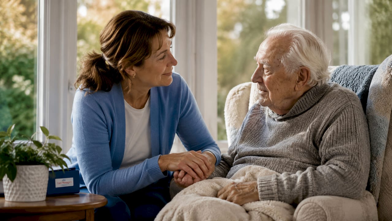 Caregiver gently holds elderly man's hand at home