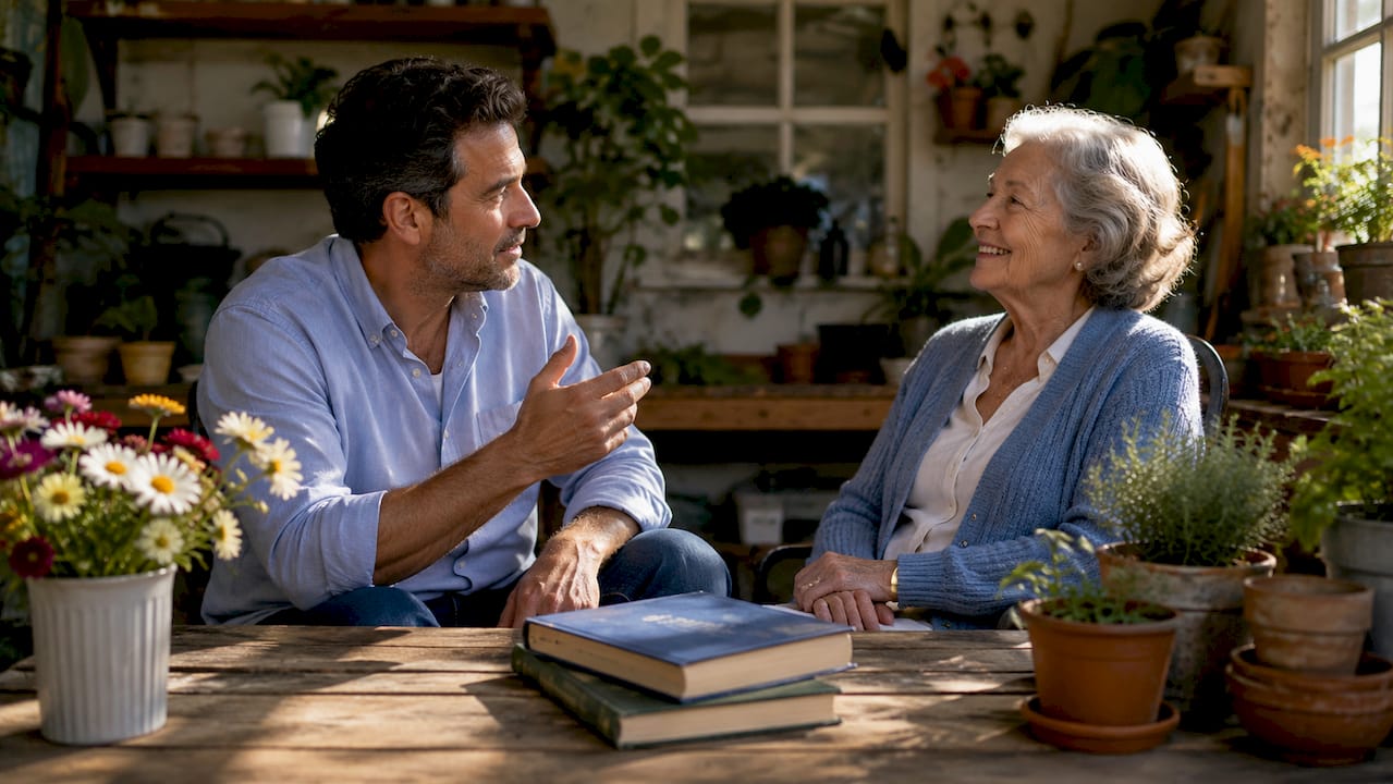 Caregiver calmly communicating with elderly woman