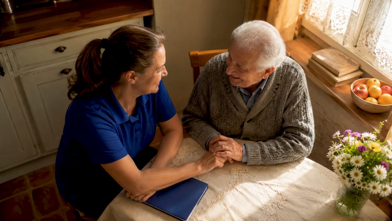 Caregiver supporting elderly man at home