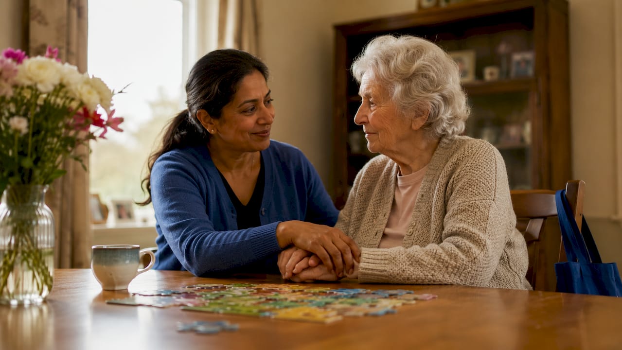 Dementia carer assisting elderly woman at home