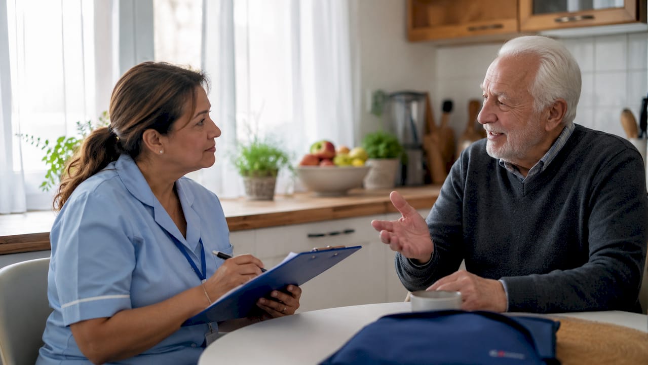 Home care professional consulting elderly man at home
