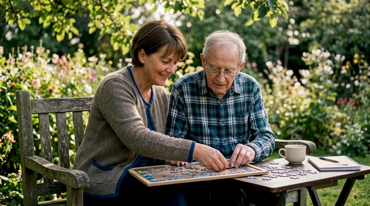Live-in dementia carer assisting elderly man with puzzle