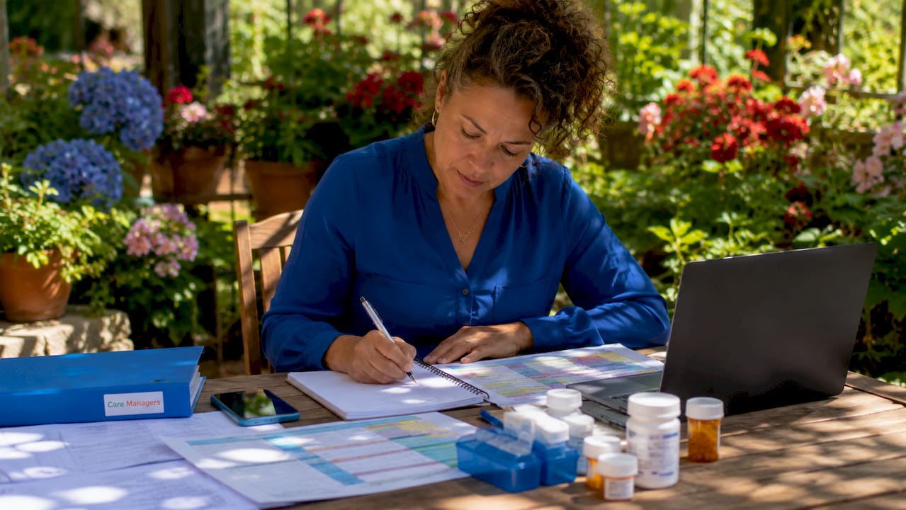 Woman organizing elderly care tasks at home