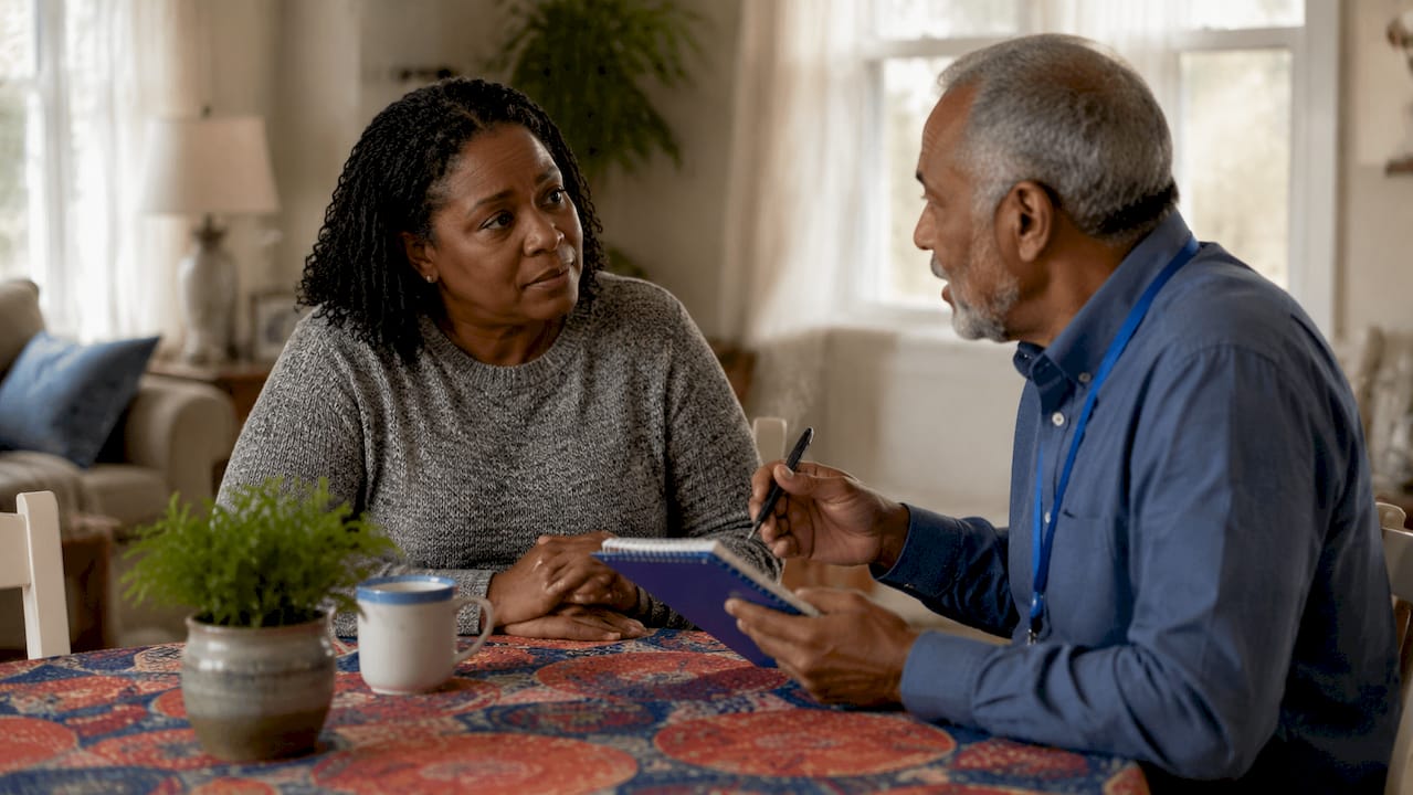 Woman consulting elderly man about care support