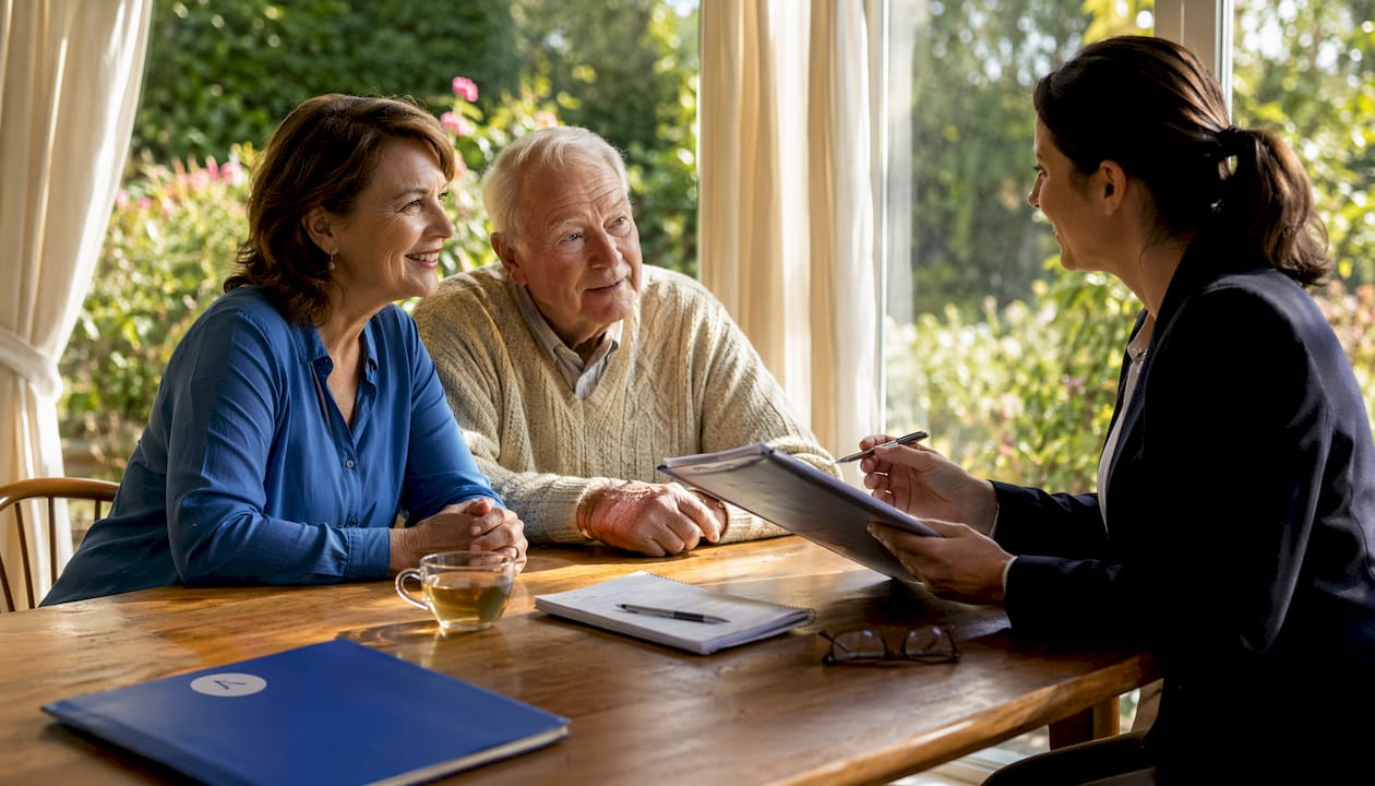 Family discussing home care plan in kitchen