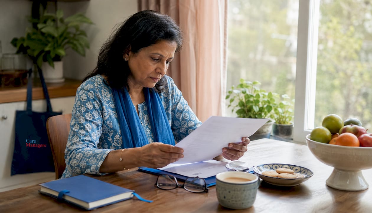 Woman reviewing care service agreement at home