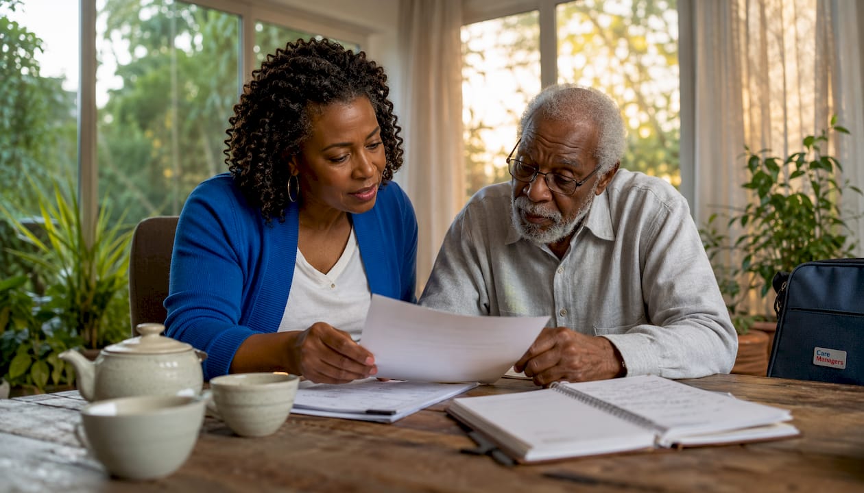Family reviewing home care documents at home