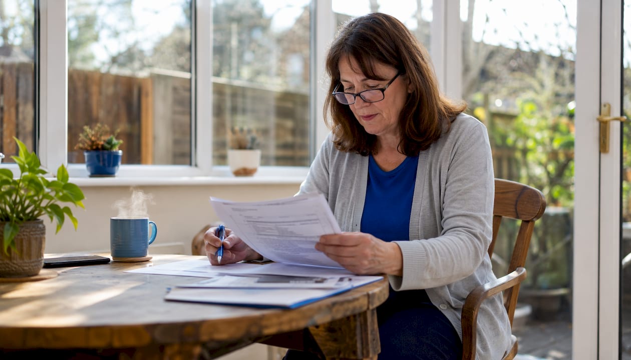 Person reviewing elderly care funding documents at home