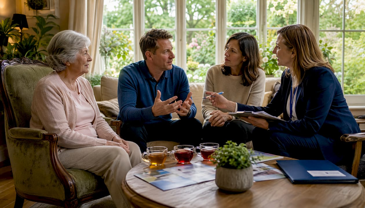 Family and care advisor discussing home care options