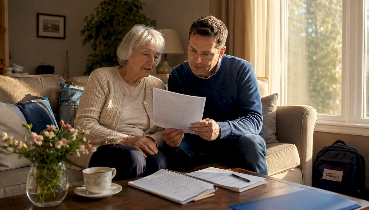 Elderly woman and son discussing care needs
