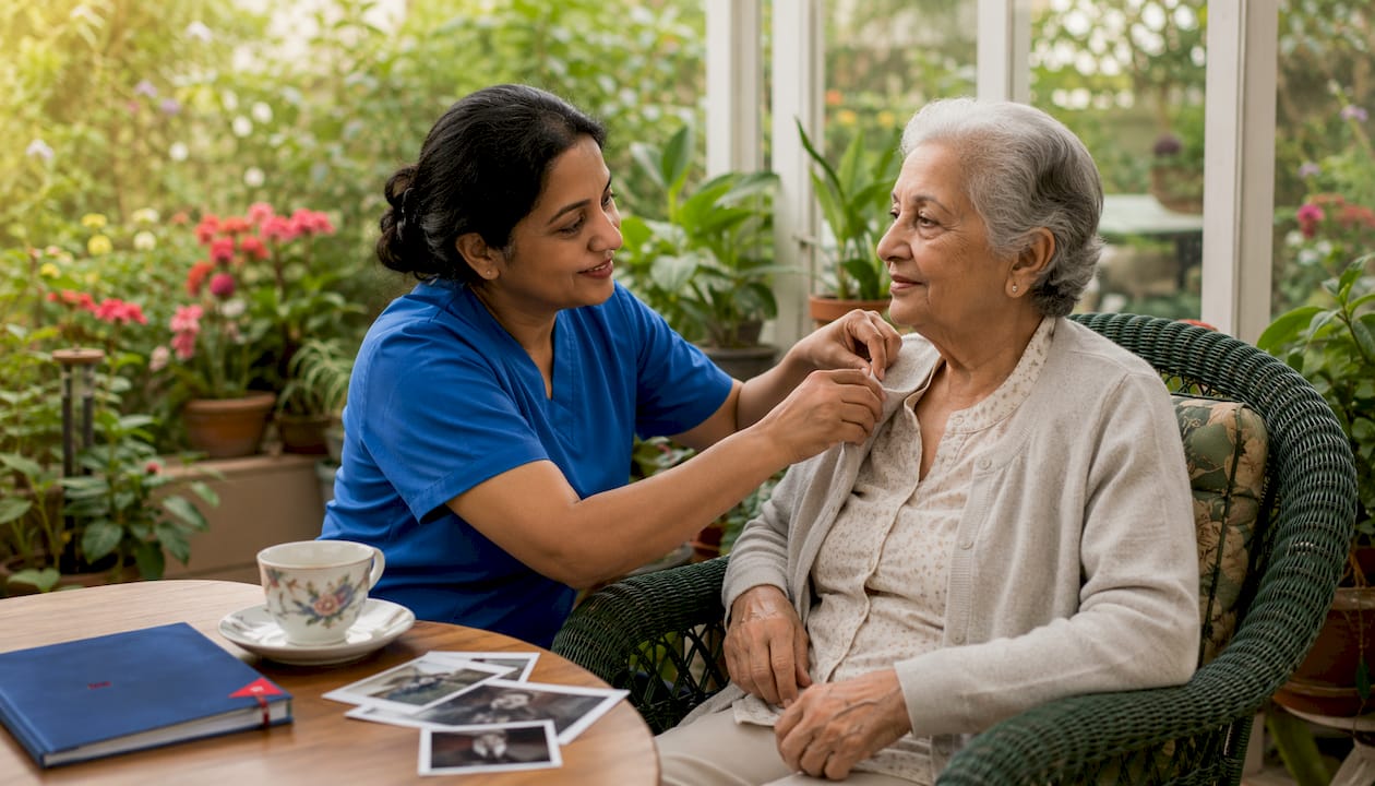 Caregiver assisting elderly dementia patient at home