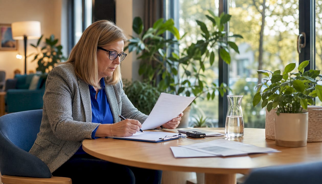 Care inspector reviewing dignity guidelines at meeting table