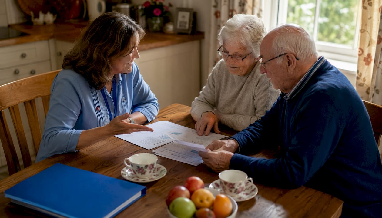 Care coordinator discussing care plans with elderly couple
