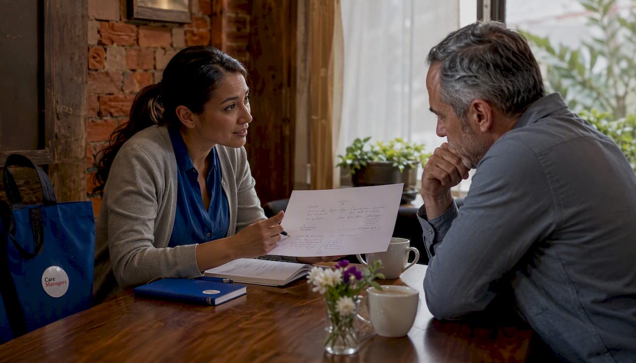 Social worker discussing discharge plan with patient