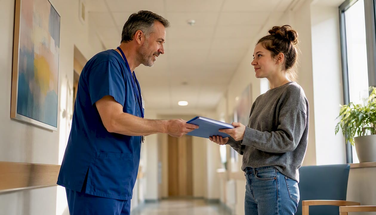 Nurse handing discharge documents to patient
