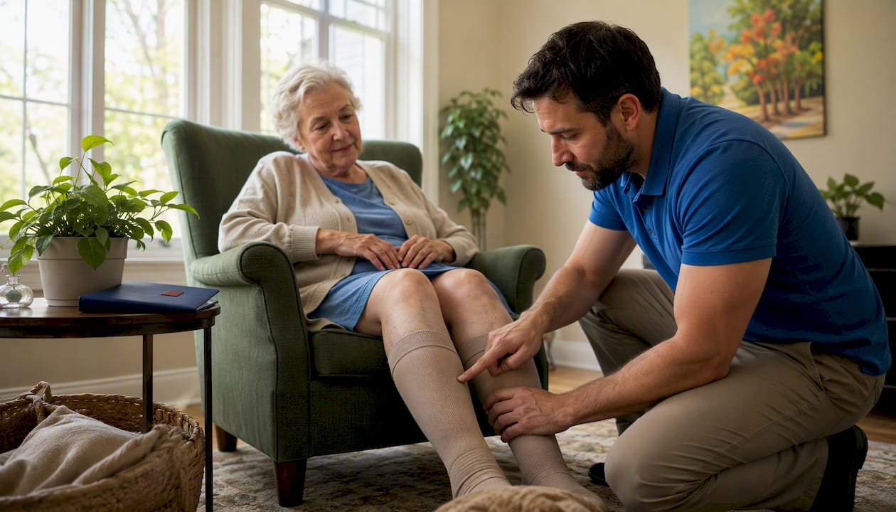 Elderly woman receiving leg oedema care at home
