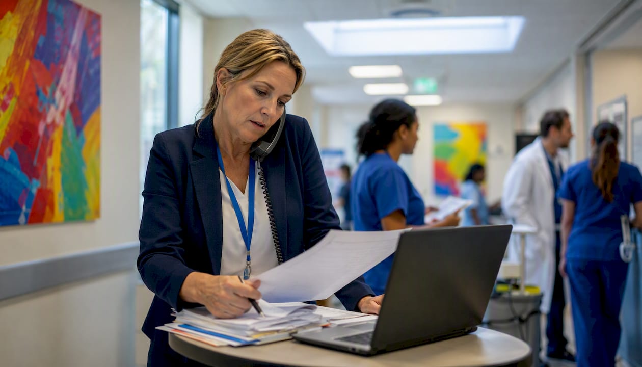 Hospital discharge coordinator handling patient files