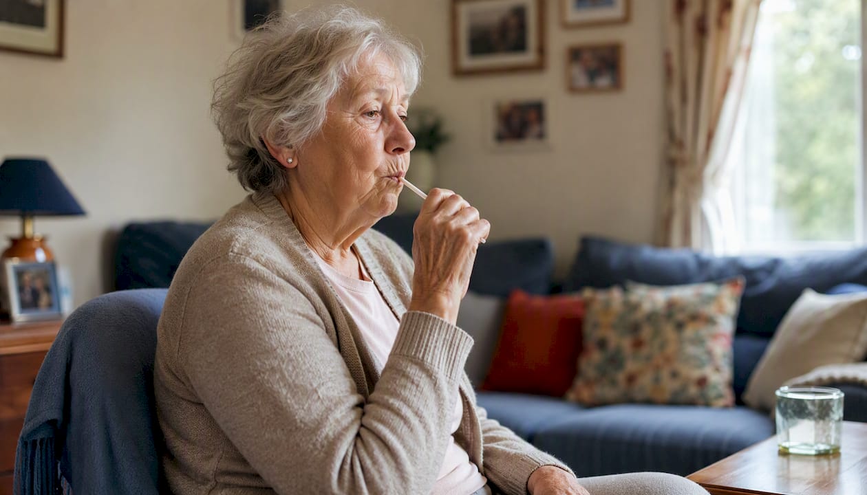 Senior using straw for pursed lip breathing