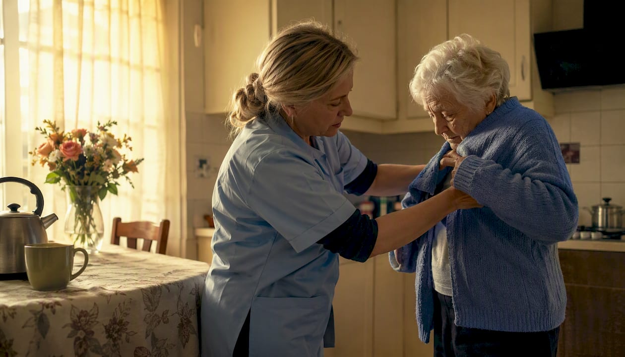 Home-care carer assisting elderly person with dressing