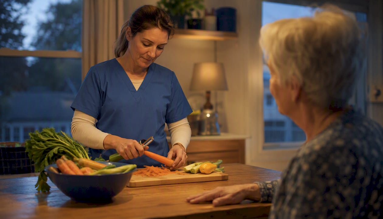 Carer preparing meal for elderly client in kitchen