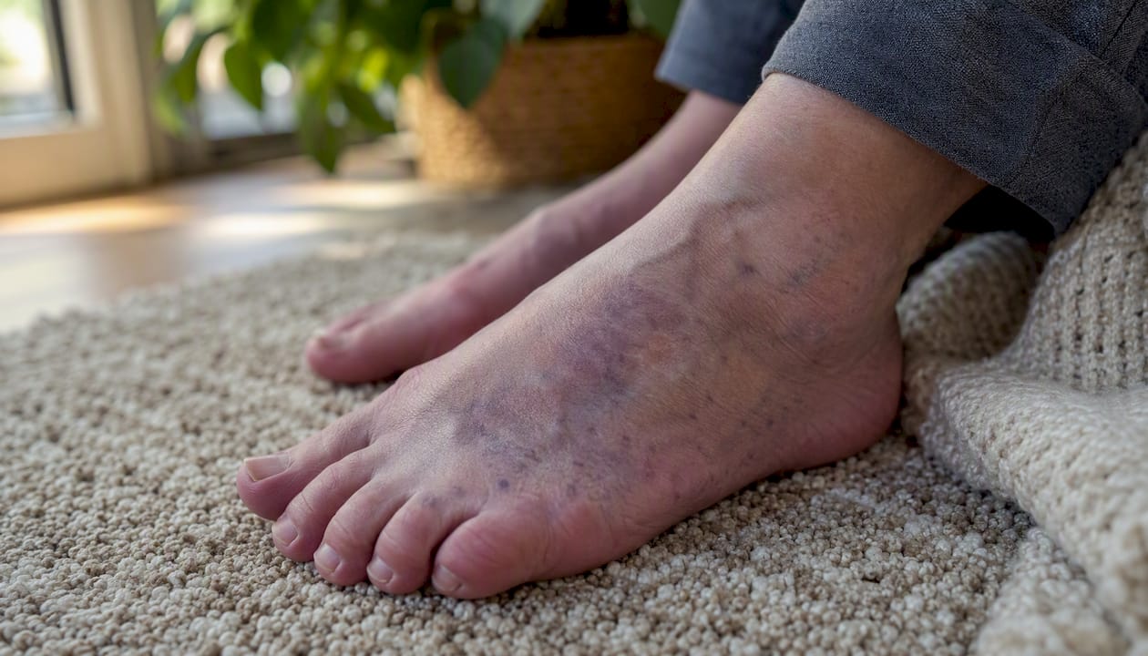 Close-up of subtly purple feet resting on blanket