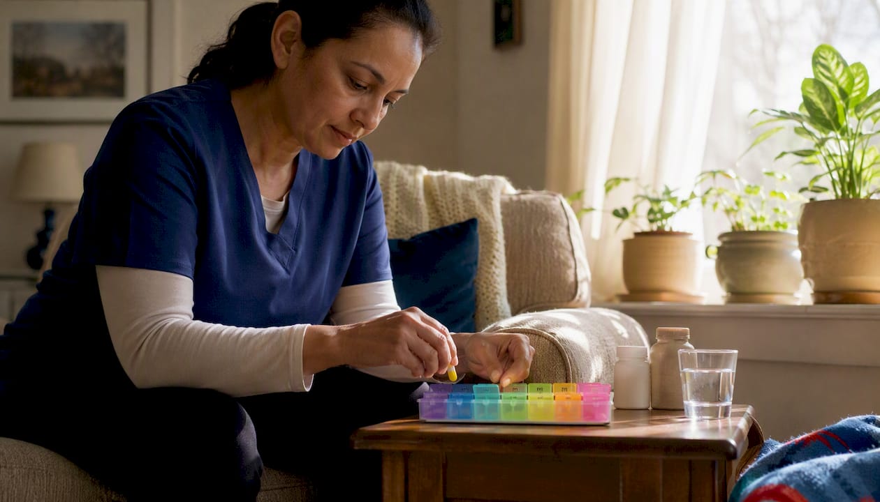 Carer preparing medication organizer at home