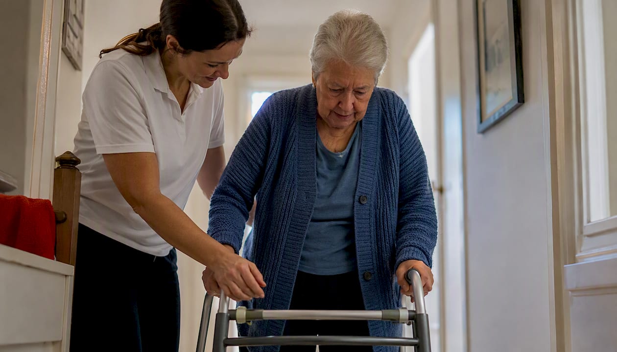 Carer helping elderly walk with walker