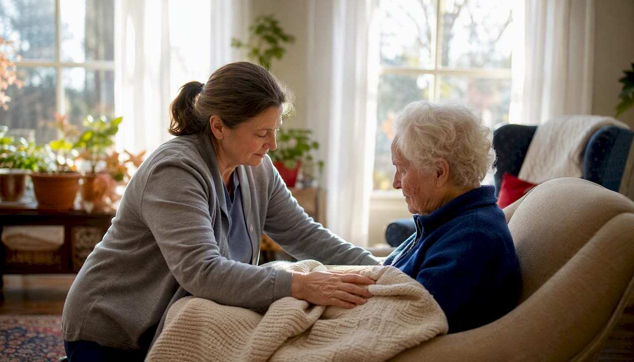 Caregiver adjusting blanket for elderly person