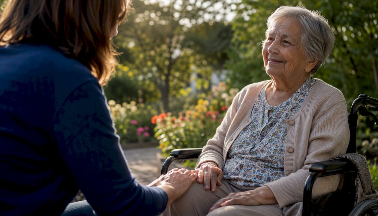 Caregiver's hand reassuring elderly person