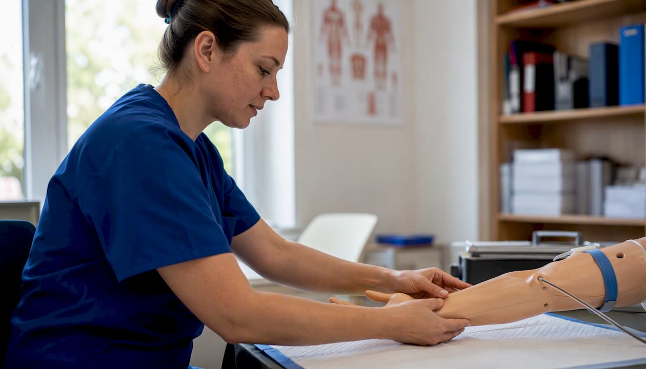 Hands demonstrating clinical training on mannequin arm