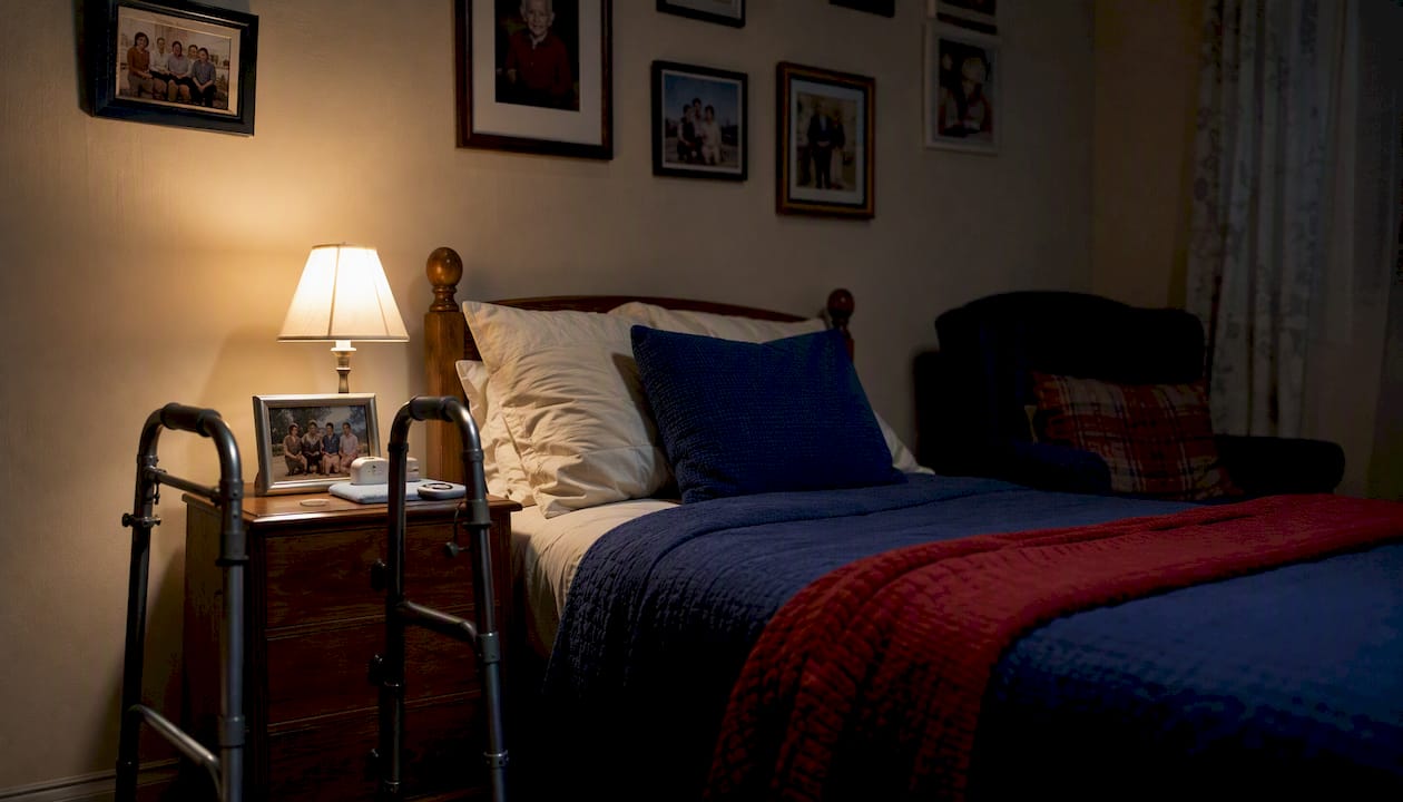 Elderly bedroom with assistive devices at night