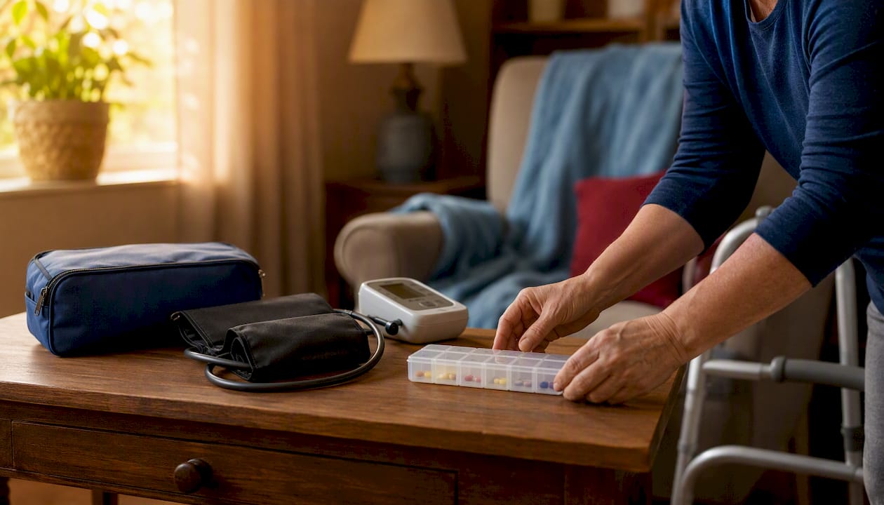 Carer preparing night care supplies bedside