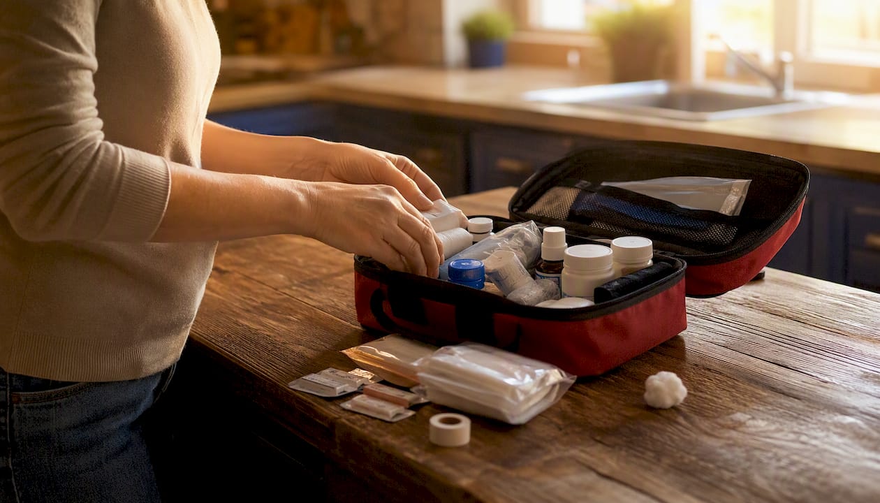 Caregiver hands preparing emergency medical kit