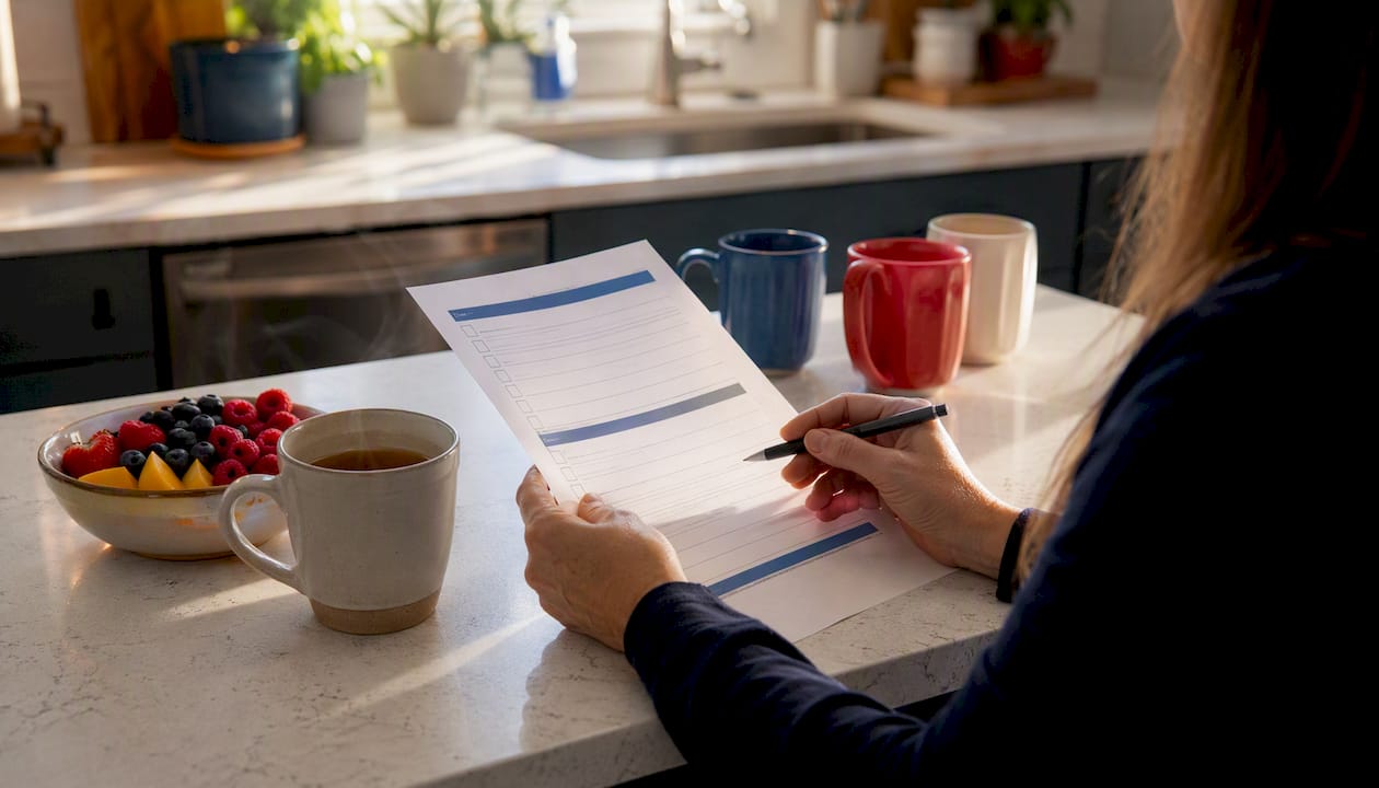Hands marking respite care checklist on table