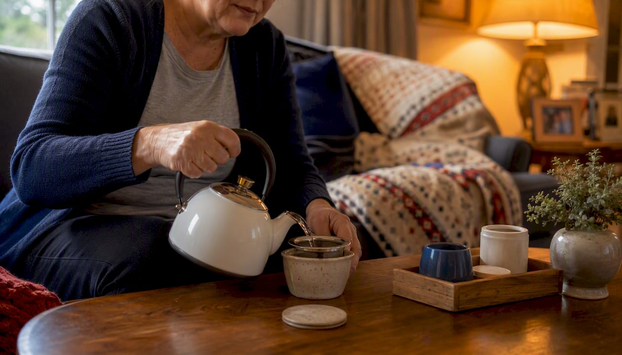 Caregiver arranging medicines in home care setting