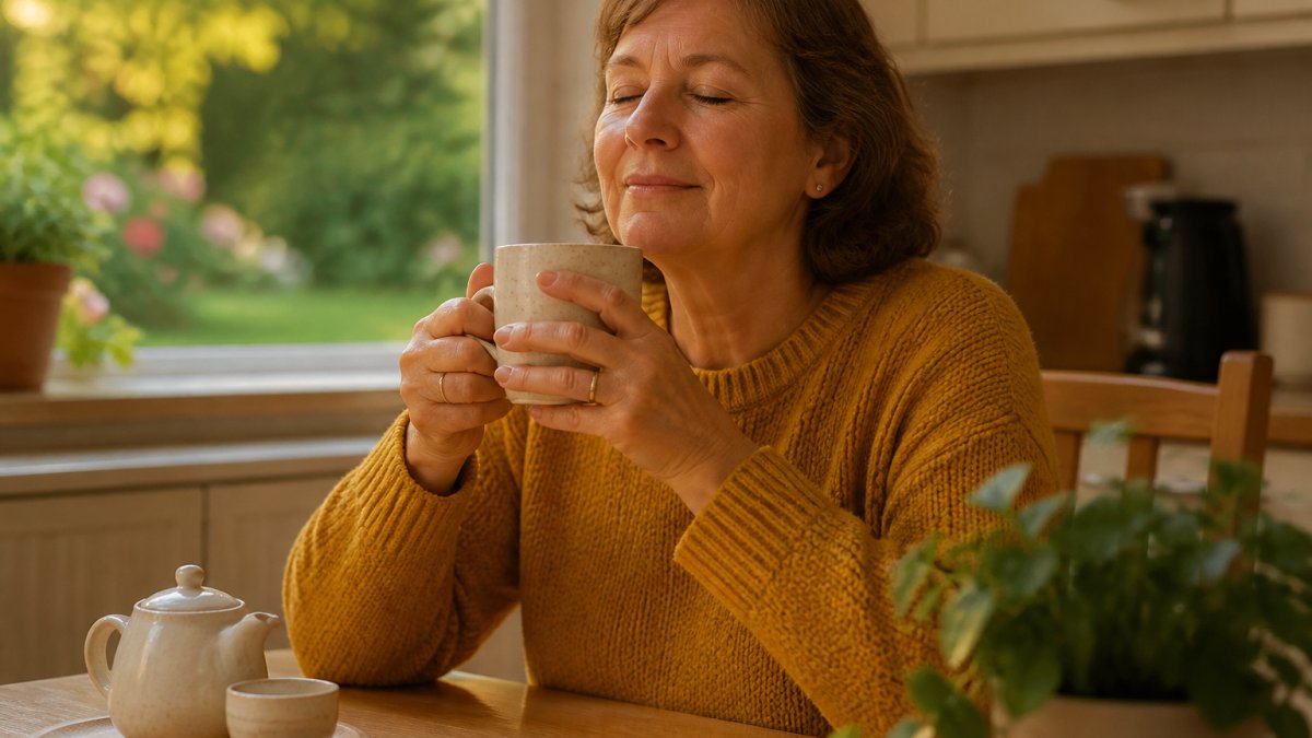 A family carer in their fifties sitting in a bright kitchen with a cup of herbal tea, eyes closed and shoulders relaxed, with a calm garden visible through the window