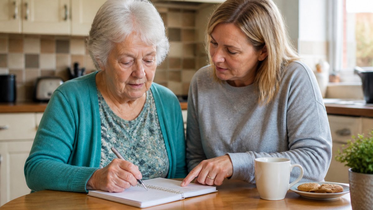 An older woman and daughter reviewing a checklist for a home care needs assessment at their kitchen table.