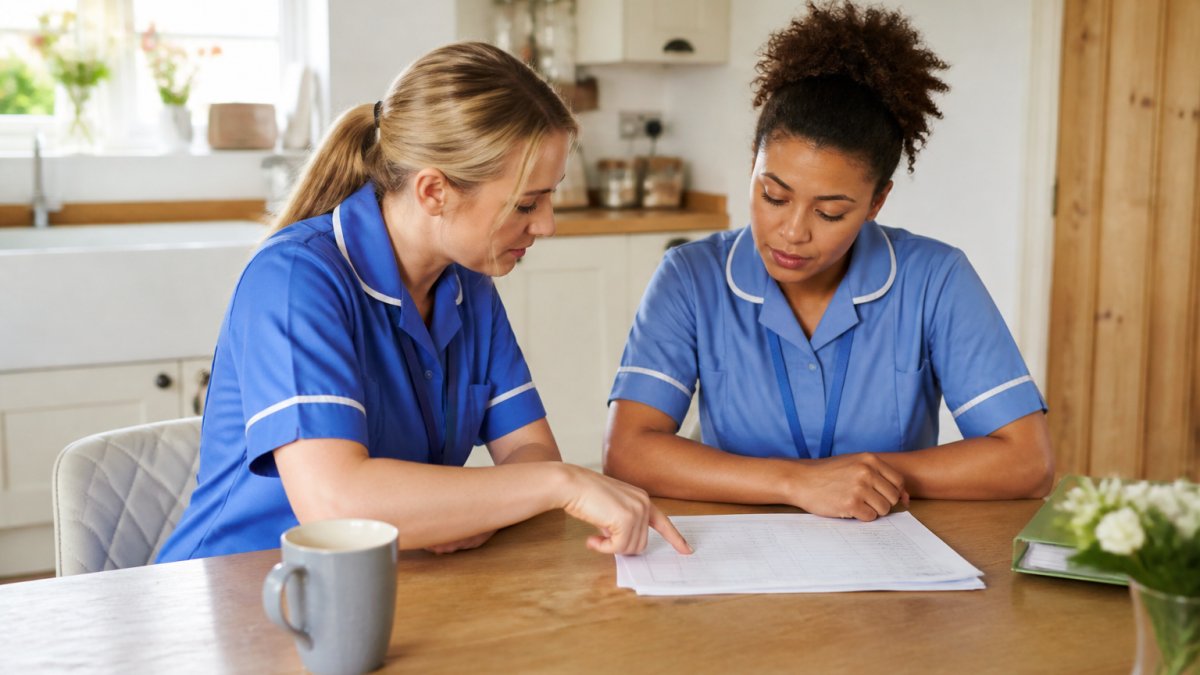 Two care workers in a bright home setting reviewing a printed handover checklist together at a kitchen table, one pointing at the notes while the other listens