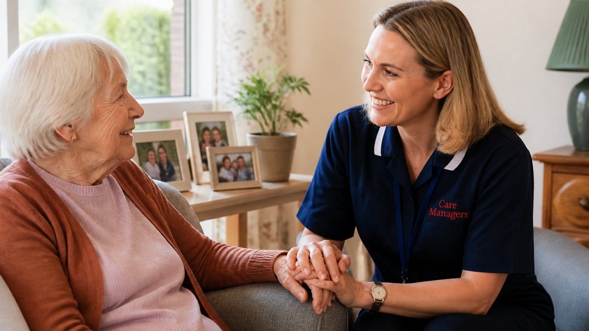 Professional carer having a warm conversation with an older adult, a key step when exploring alternatives to care homes.