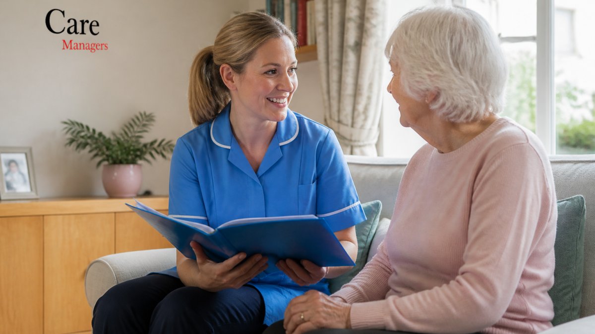 Friendly carer reviewing a care plan with an elderly person, relevant to Bluebird Care vs Helping Hands comparisons.