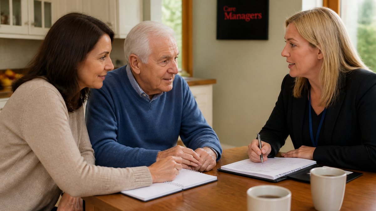 Adult child and elderly parent sitting together at a kitchen table reviewing notes and speaking with a professional care representative in a bright home setting